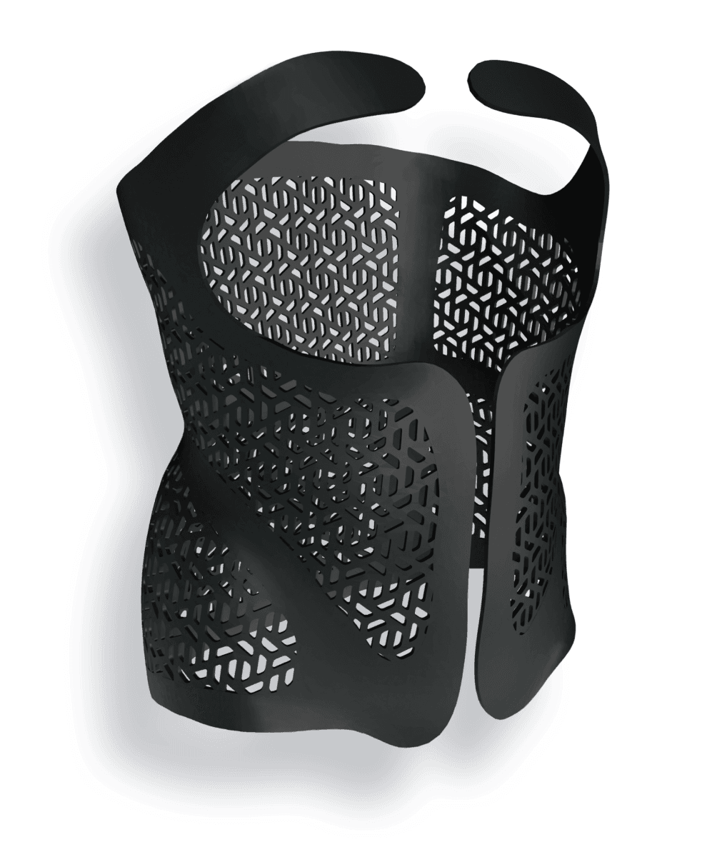 Side view of a black Exos Armor back brace for women